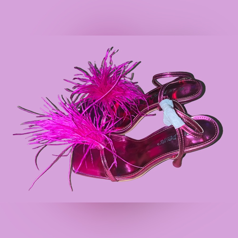 Hot Pink Fluffy Feather Ankle Straps Heels